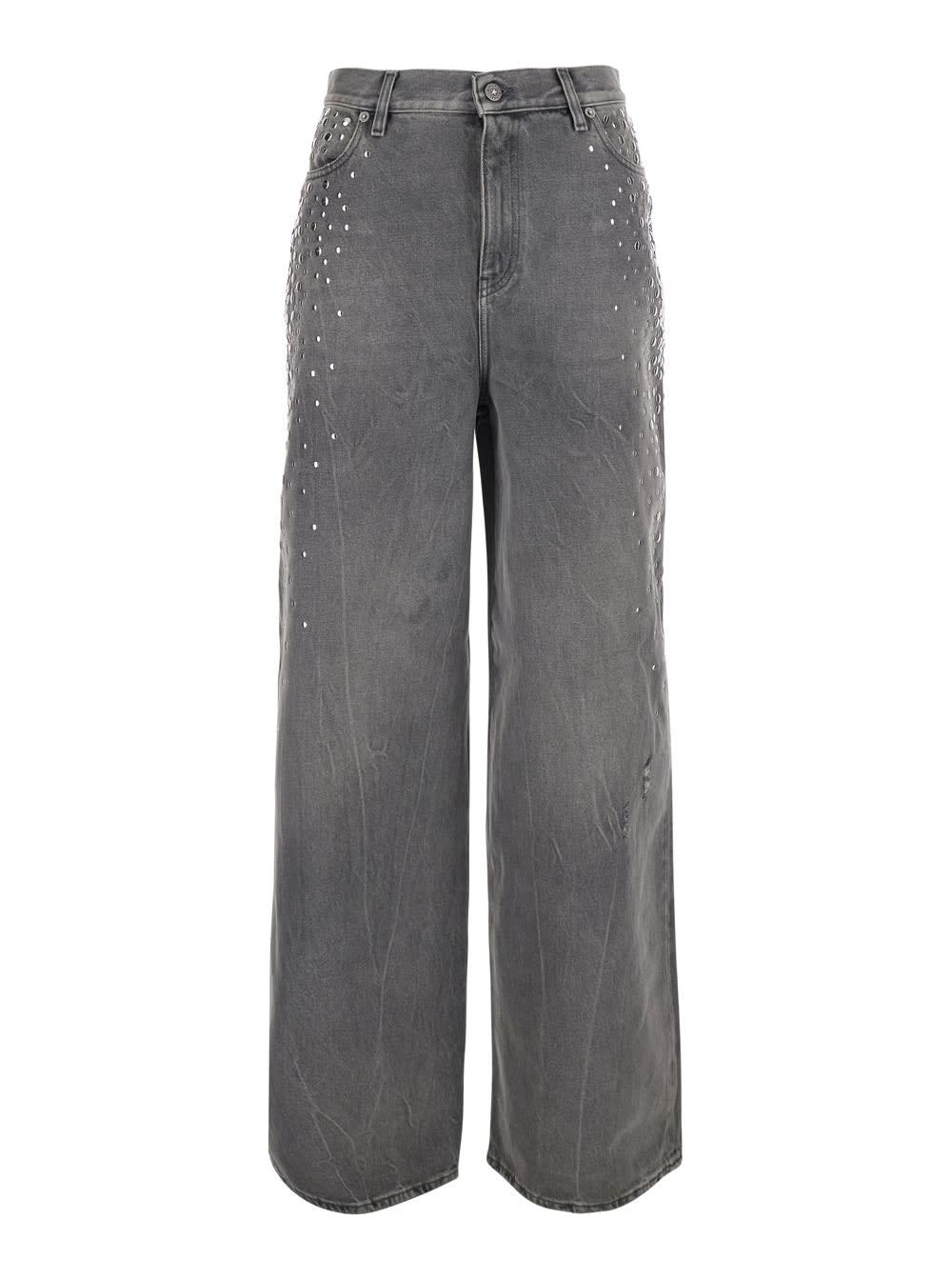 golden goose pants journey ws melody boyfriend gray with vintage wash and studs in cotton women