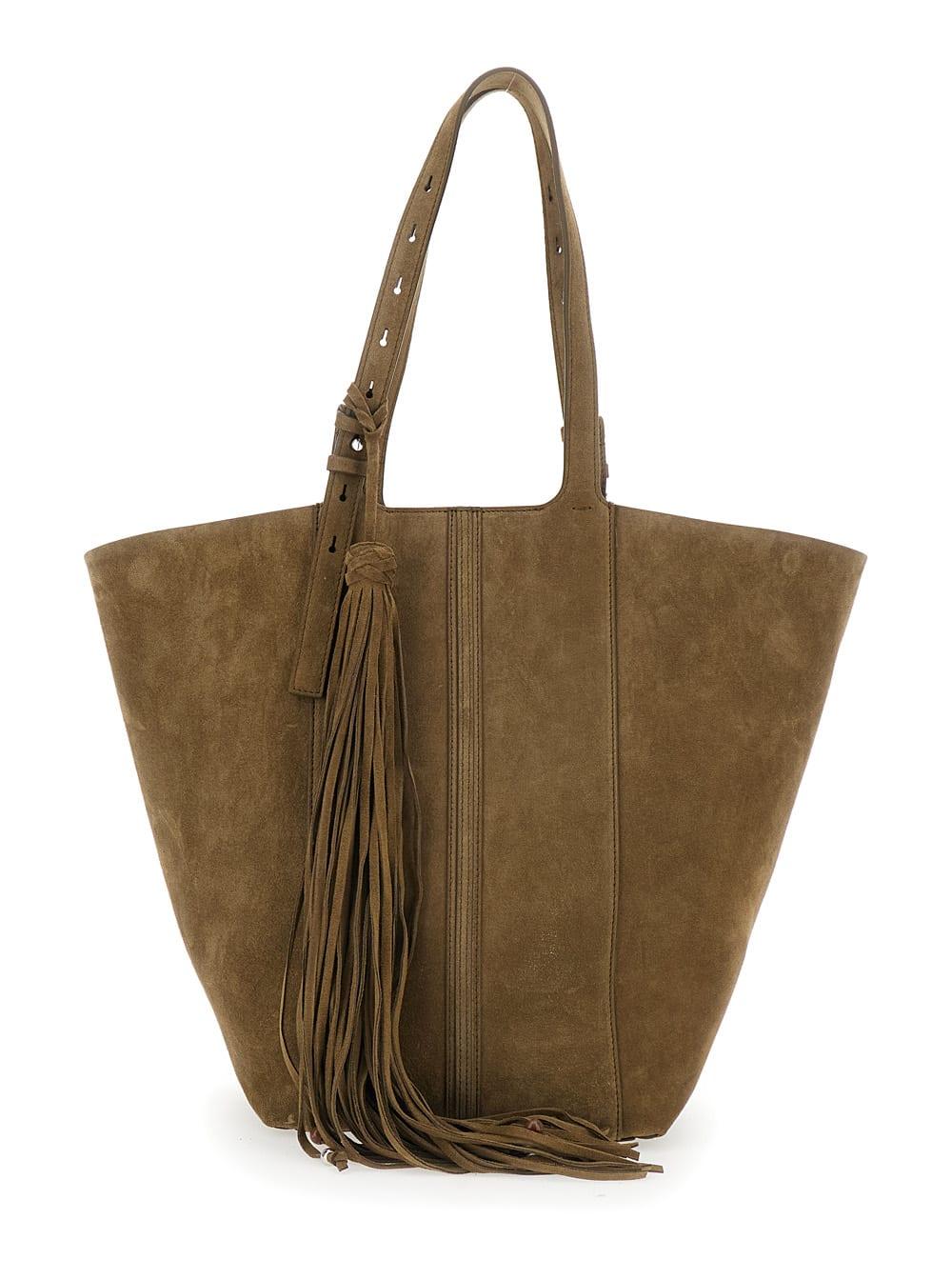 golden goose tote bag shopping 24.7 in suede green with nappa fringes and silver metal details for women