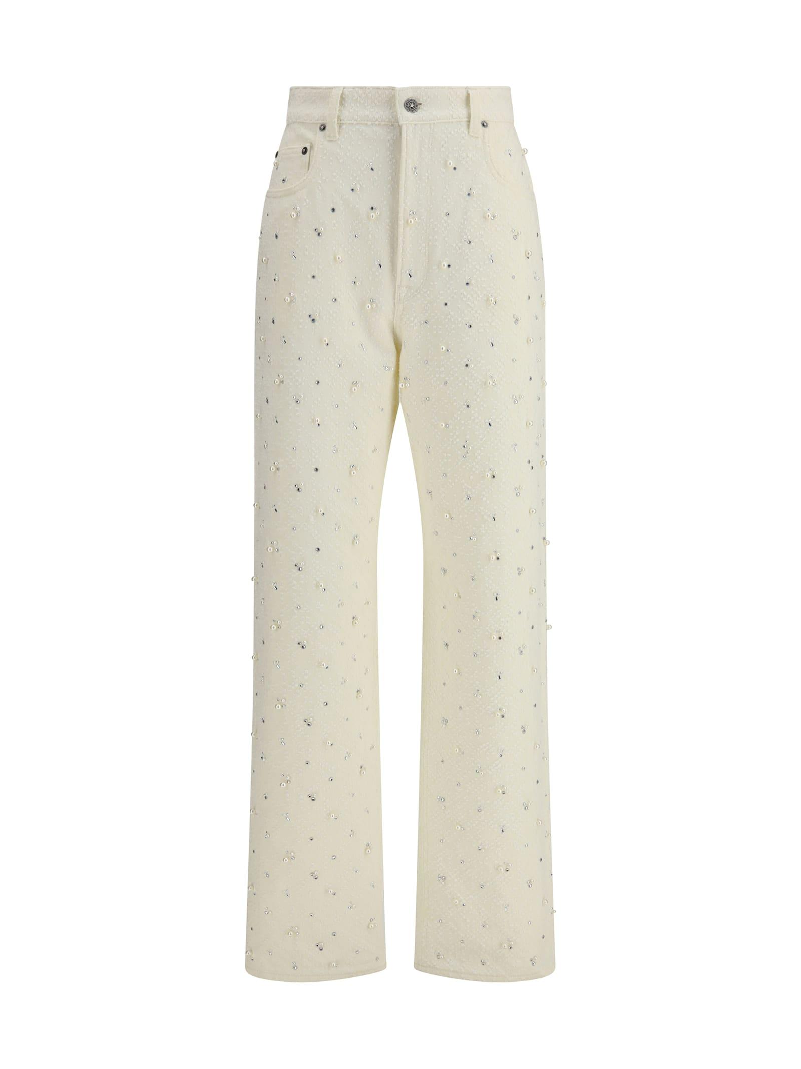 golden goose white denim pearl and crystal embroidered pants