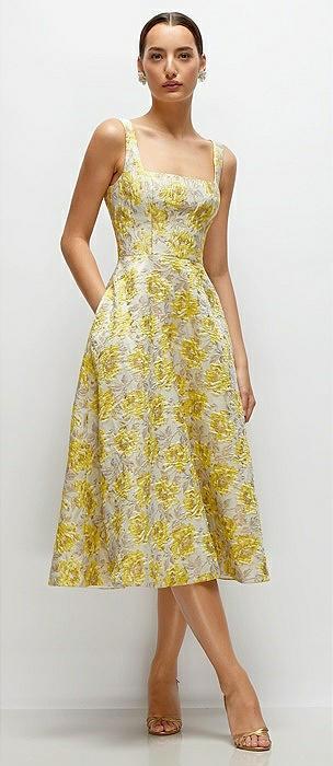 golden yellow square neck floral jacquard midi dress