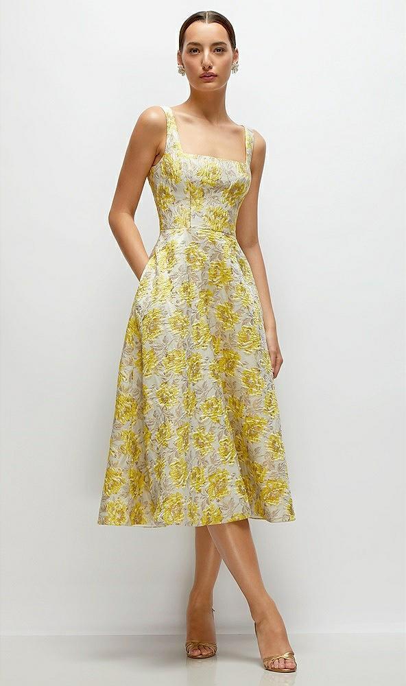 golden yellow square neck floral jacquard midi dress