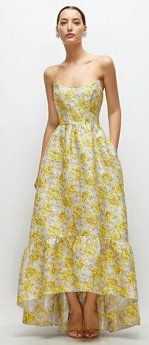 golden yellow strapless cat-eye floral jacquard corset high-low dress with ruffle hem