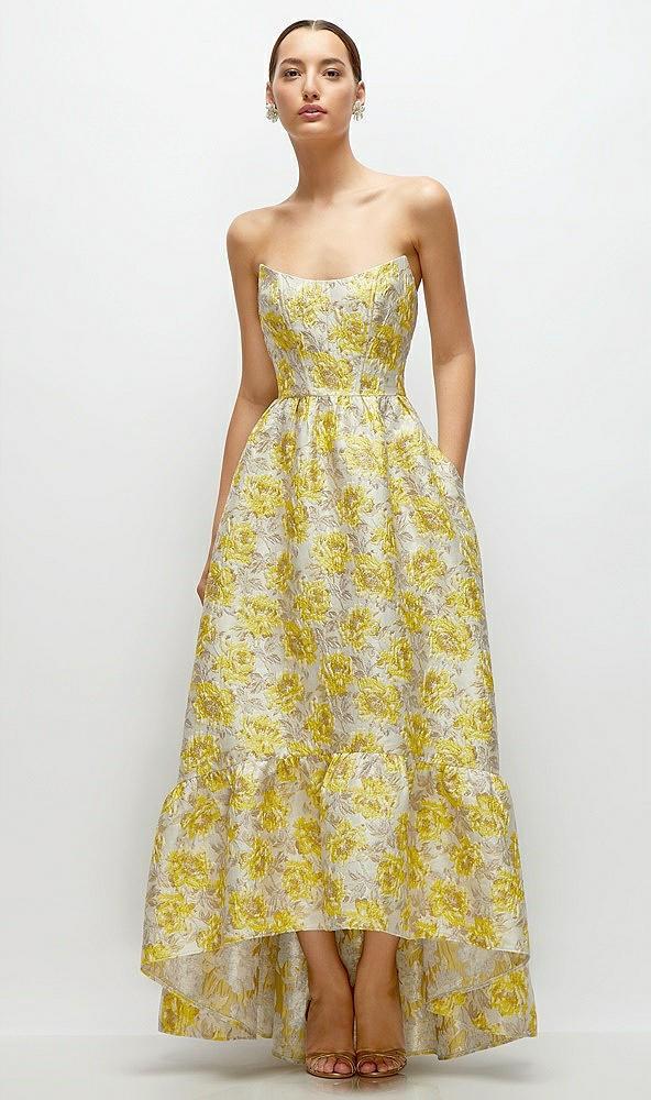 golden yellow strapless cat-eye floral jacquard corset high-low dress with ruffle hem