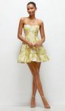 golden yellow strapless cat-eye floral jacquard corset mini dress with ruffle hem