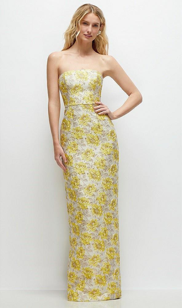 golden yellow strapless floral jacquard column dress with back slit