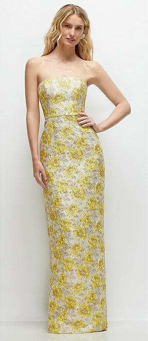 golden yellow strapless floral jacquard column dress with back slit