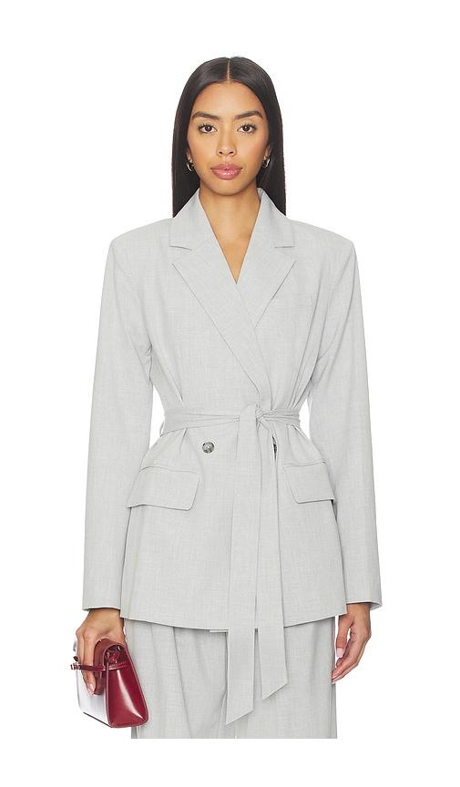 good american essential suiting belted blazer in light grey.