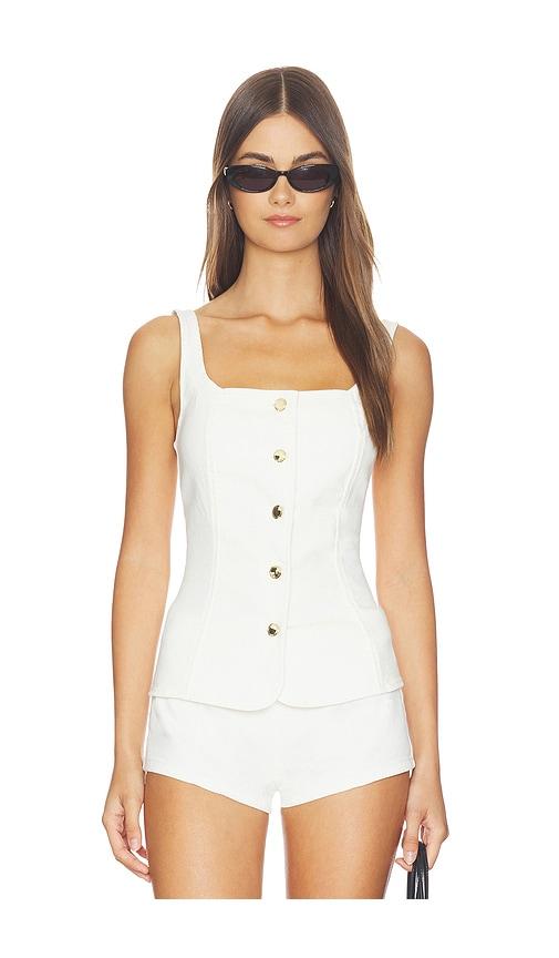 good american sleeveless button front denim top in white.