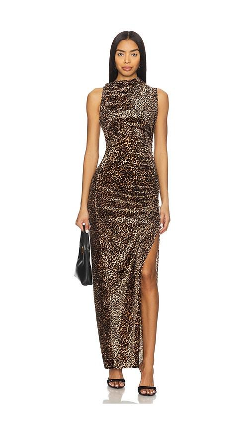 good american velvet high neck maxi dress in brown.