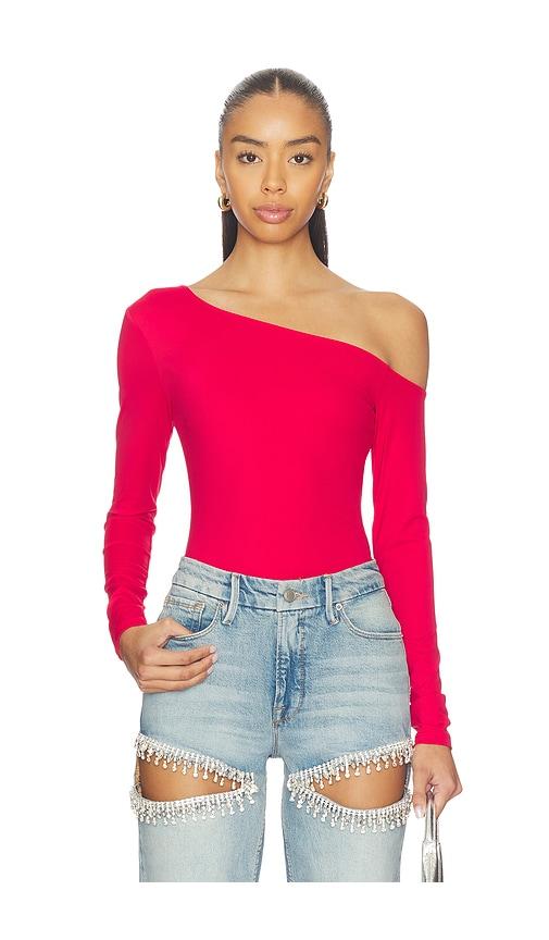 good american weightless sculpting one shoulder top in red.