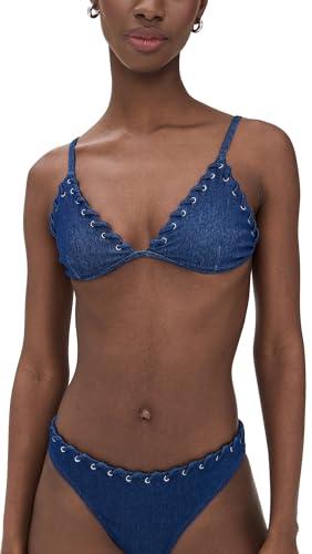 good american women's denim triangle bikini top, swim denim rinse, blue, s
