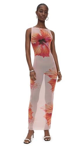 good american women's gauze mesh maxi dress, mauve tropical hibiscus, floral, l