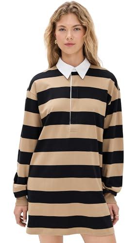 good american women's jersey polo mini dress, khaki/black rugby stripe, s