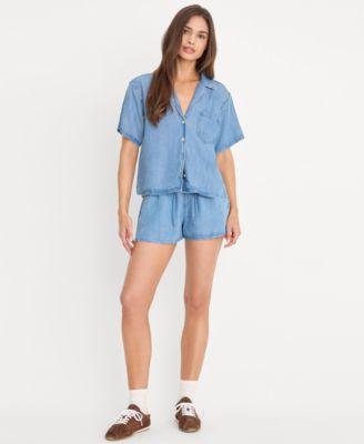 good american womens collared neck denim camp shirt pull on denim shorts