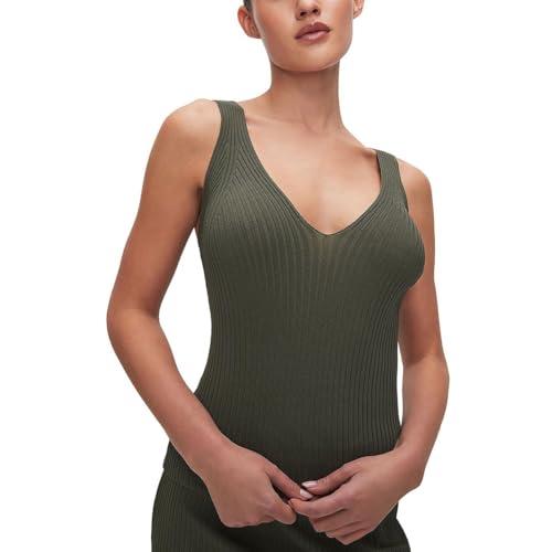 good american womens ribbed low cut tank top green l