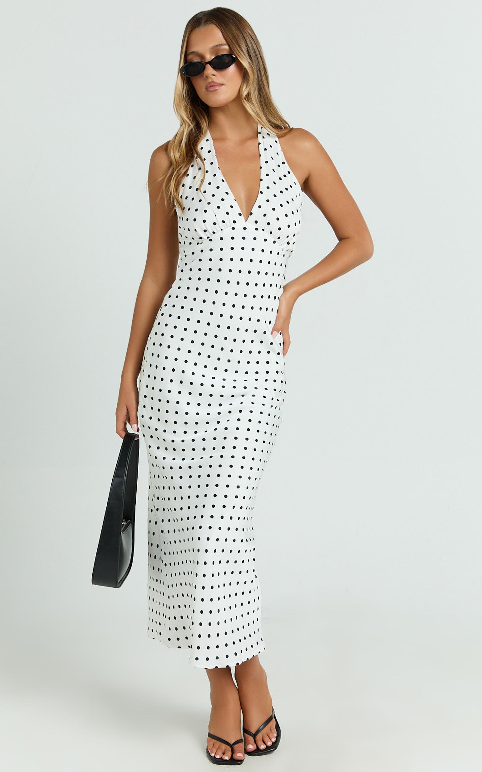 grayson midi dress - tie halter neck slip dress in white / black