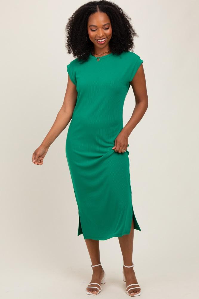 green basic dolman sleeve midi dress