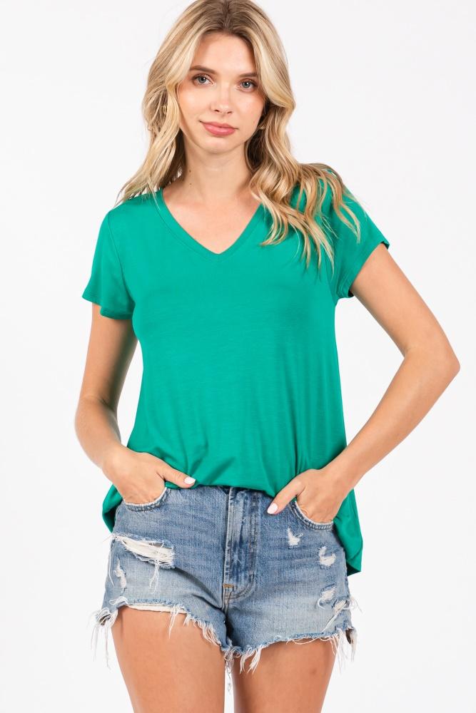 green basic v-neck short sleeve top