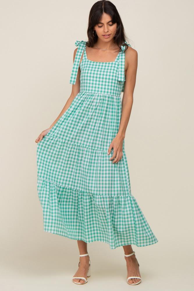 green checkered sleeveless tiered maxi dress