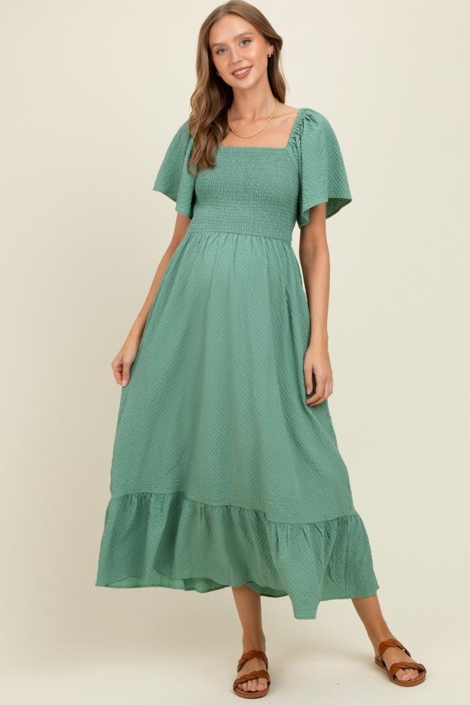 green convertible stretchy smocked maternity maxi dress