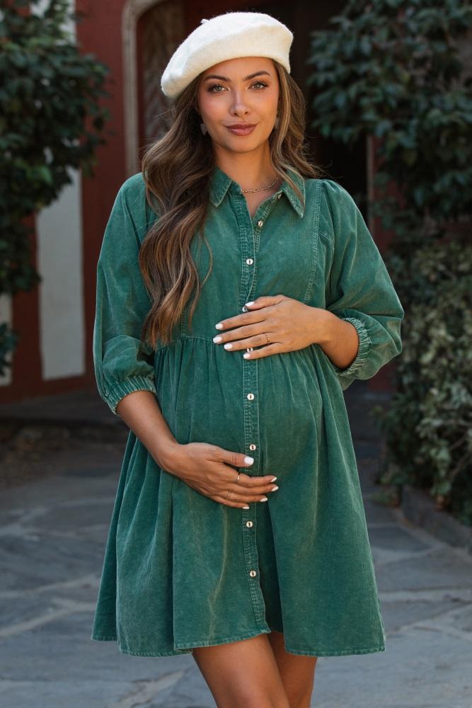 green corduroy button down collared maternity dress