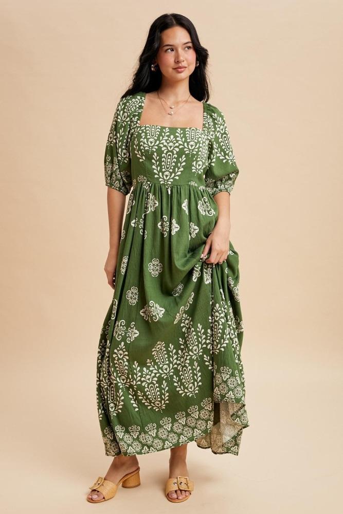 green damask print short sleeve maxi dress