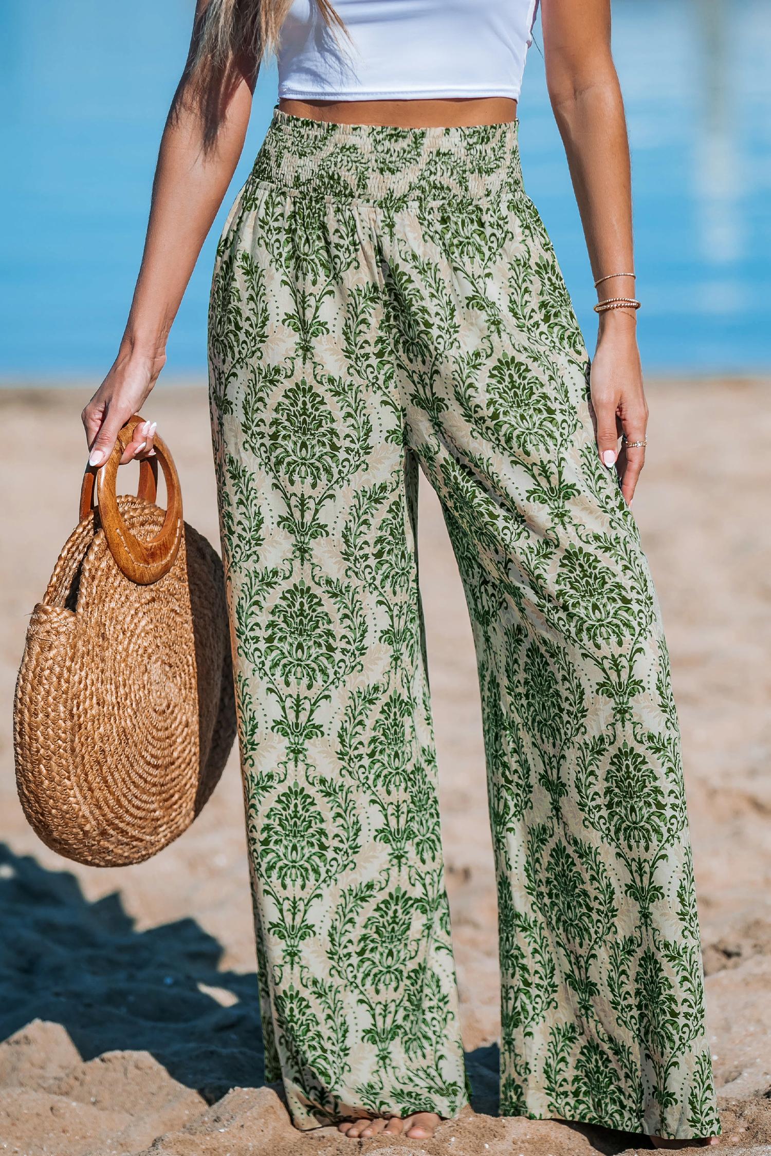 green damask wide leg pants - l