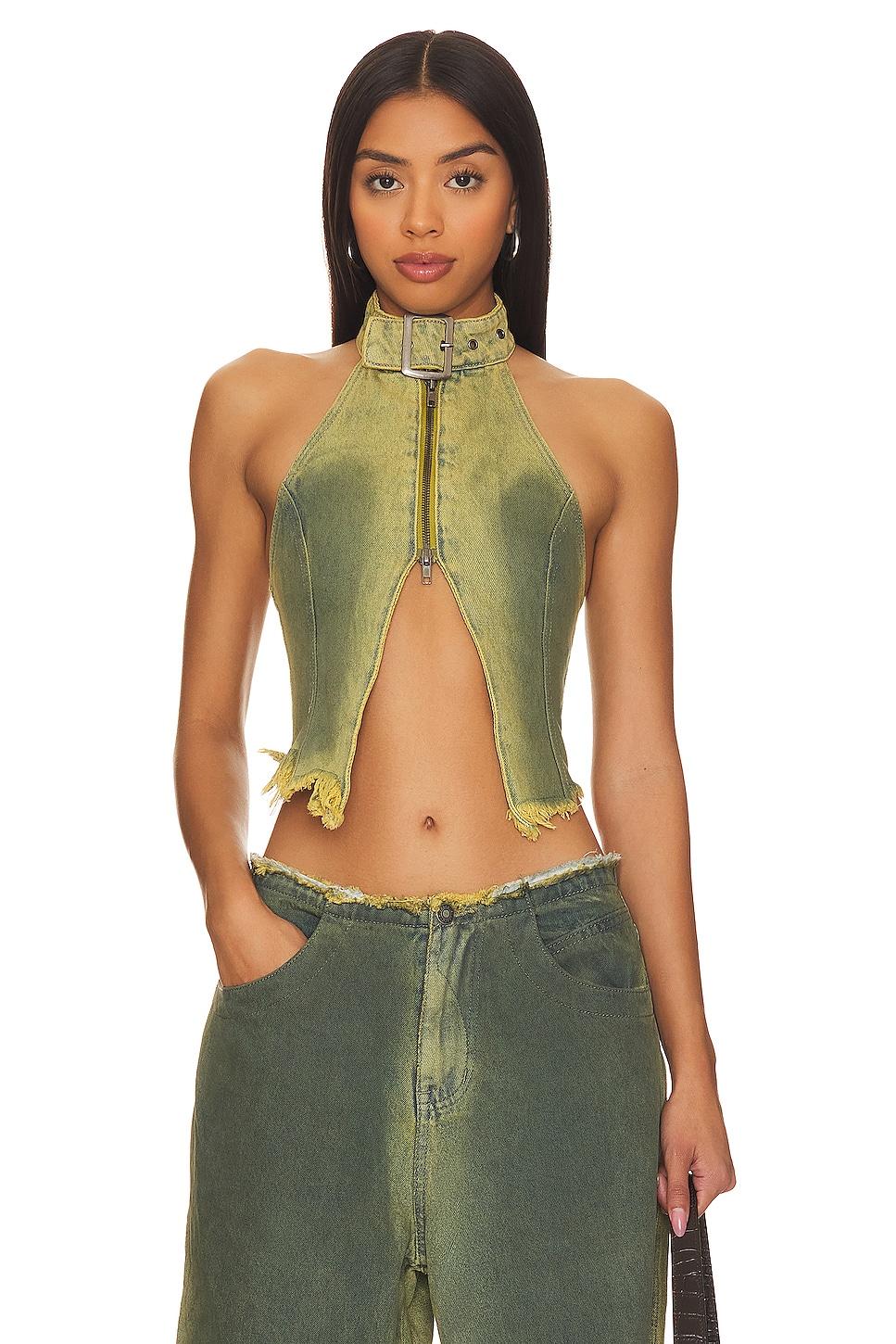 green denim buckle neck top