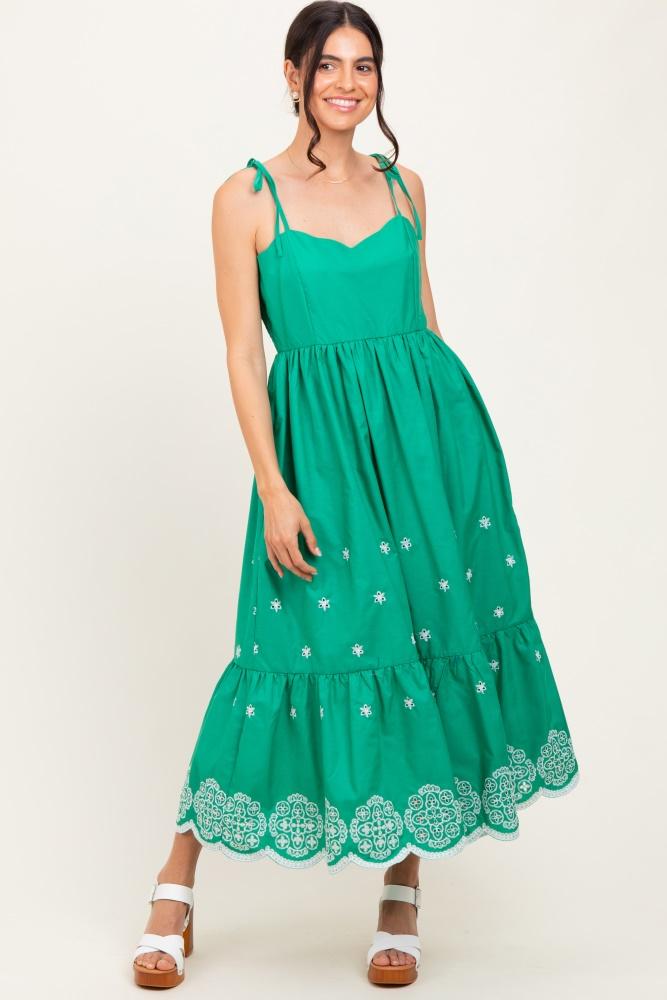 green embroidered shoulder tie midi dress