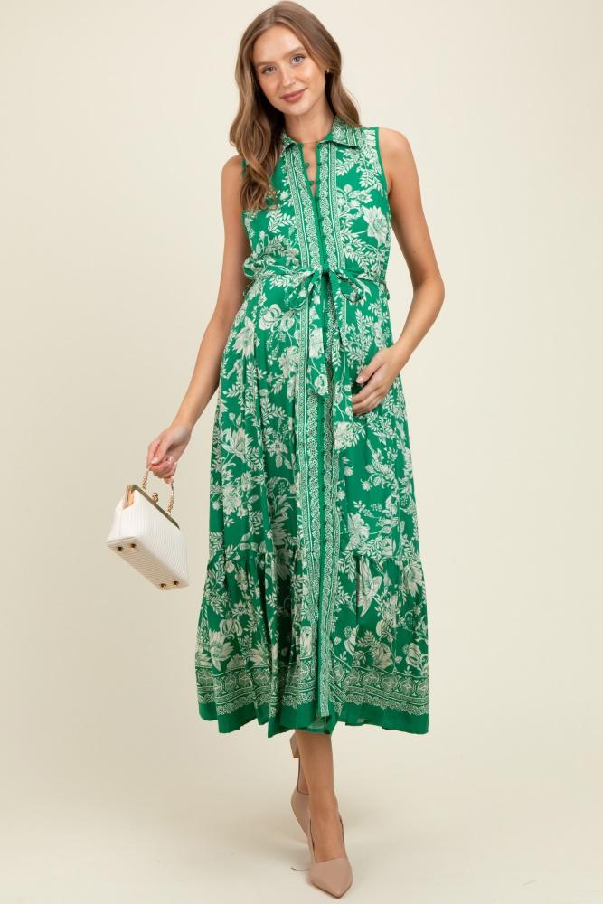 green floral border print lapel button down maternity maxi dress