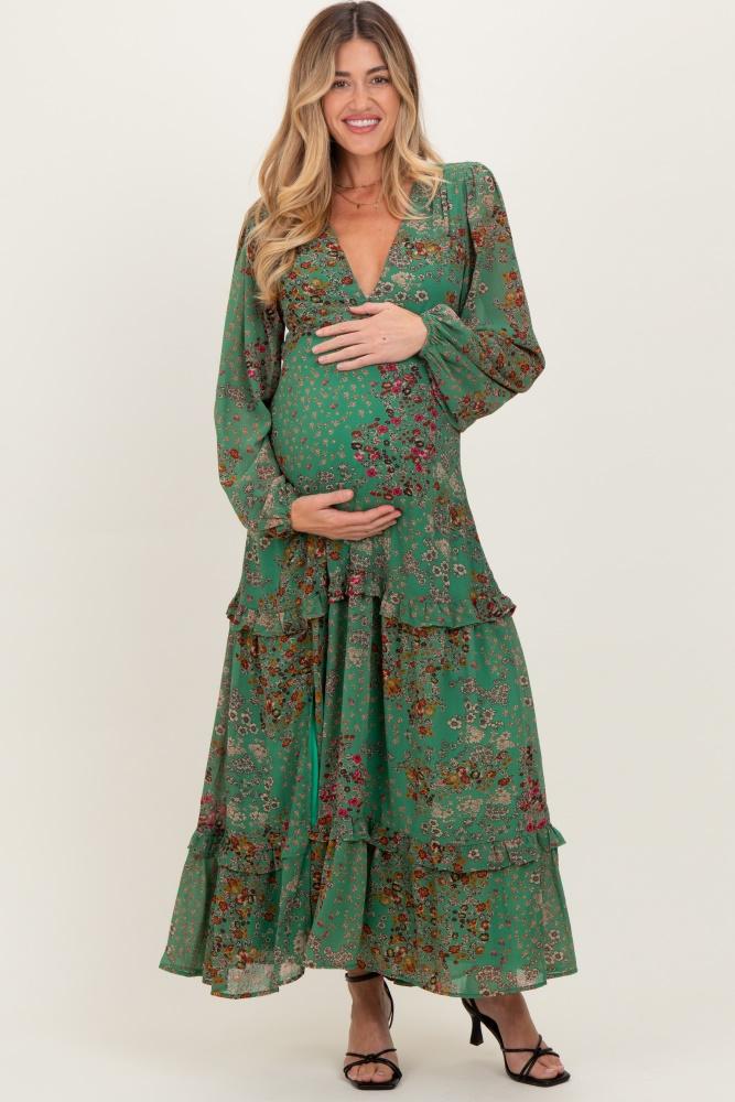 green floral chiffon v-neck long sleeve maternity maxi dress