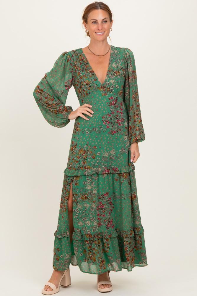 green floral chiffon v-neck long sleeve maxi dress
