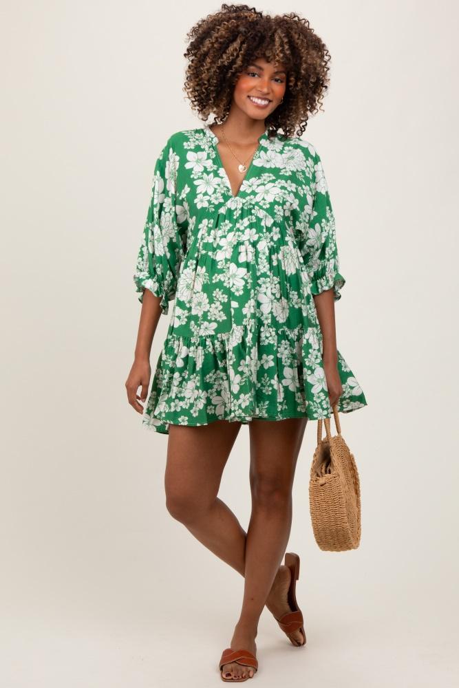 green floral deep v-neck maternity mini dress