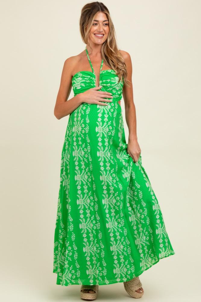 green floral halter tie back cutout maternity maxi dress