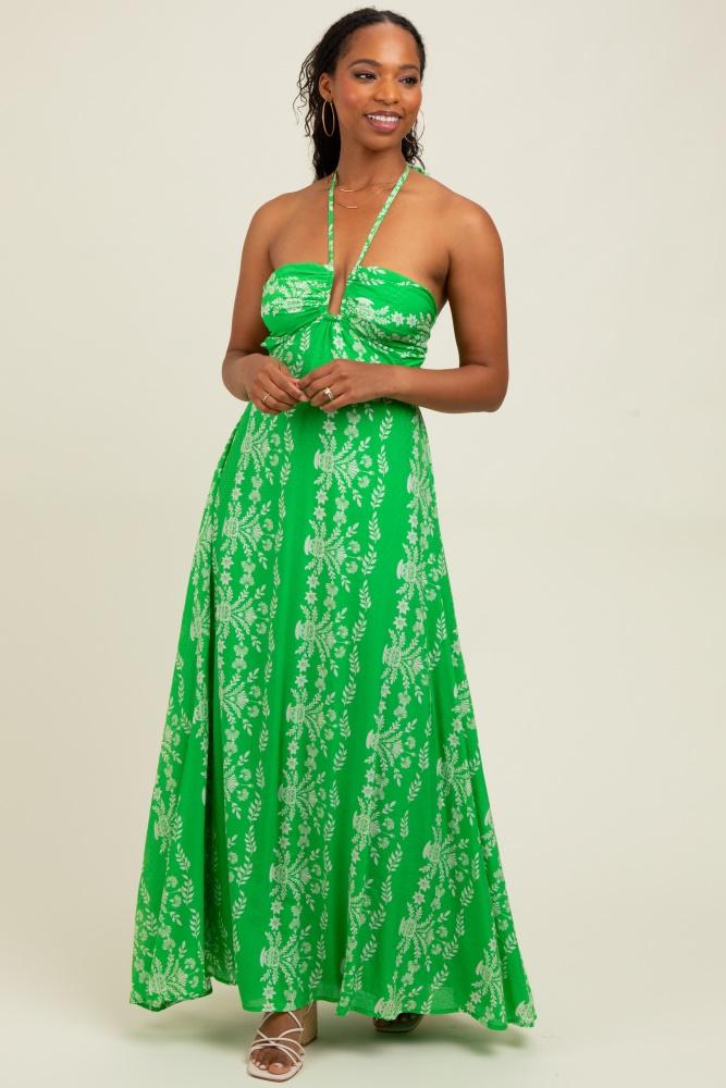 green floral halter tie back cutout maxi dress