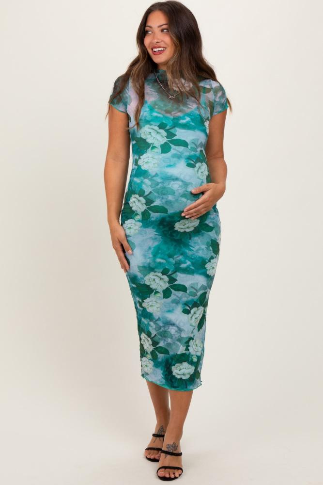 green floral mesh overlay fitted maternity maxi dress