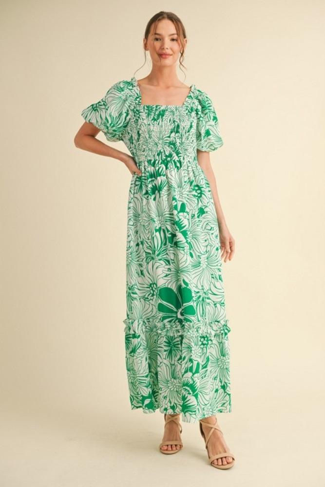 green floral print smocked bodice maxi dress