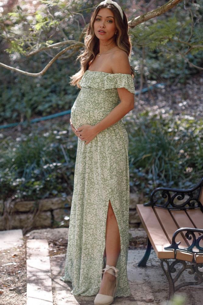 green floral ruffle off shoulder maternity maxi dress