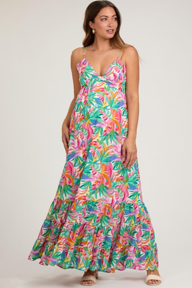 green floral sleeveless ruffle hem maternity maxi dress