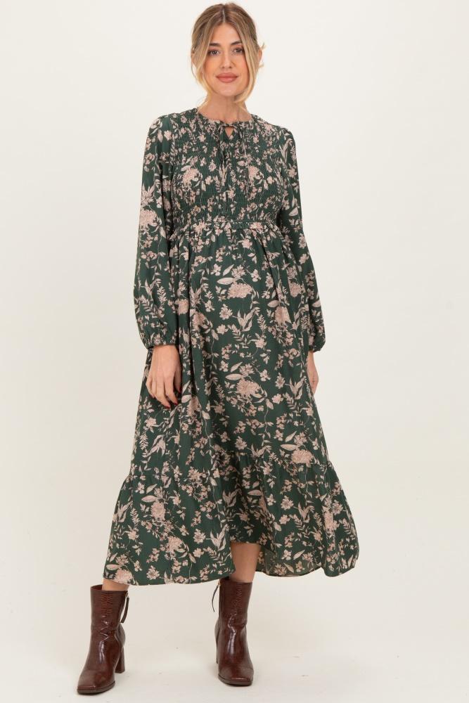green floral smocked long sleeve maternity midi dress