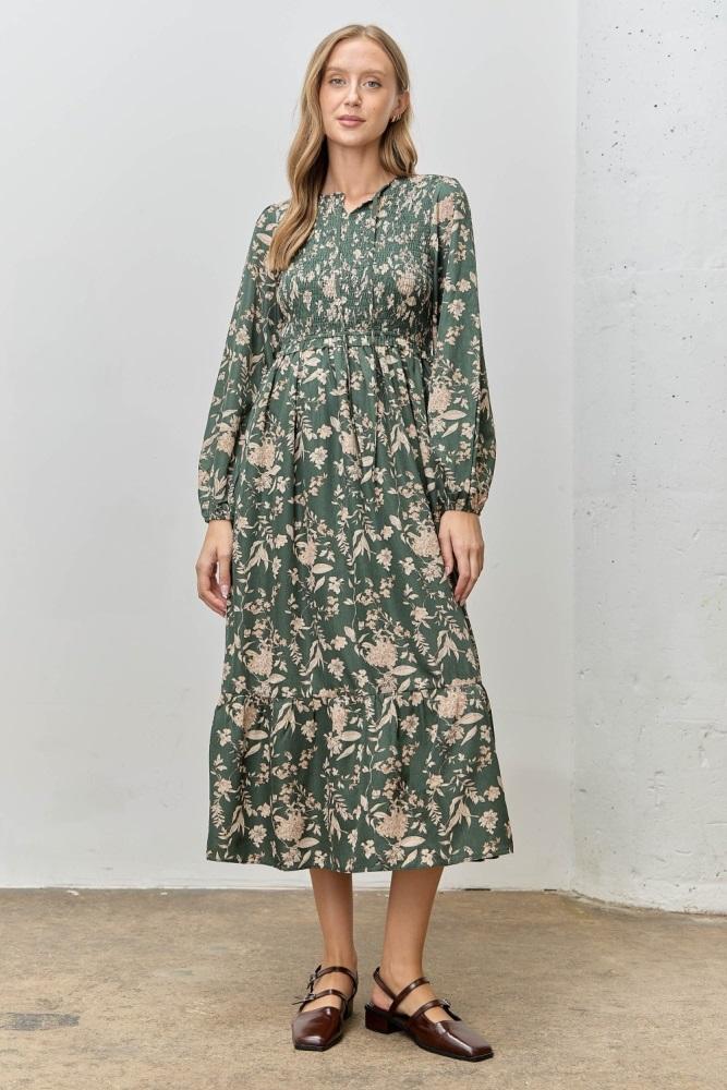 green floral smocked long sleeve midi dress