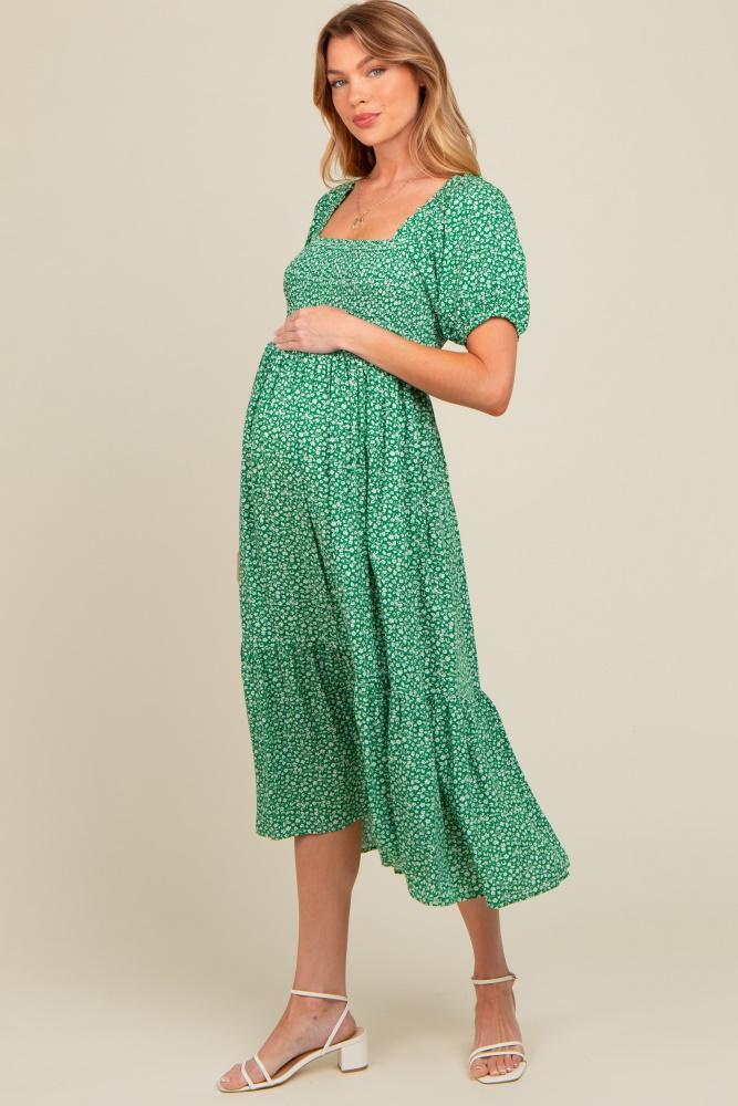 green floral smocked ruffle hem maternity midi dress