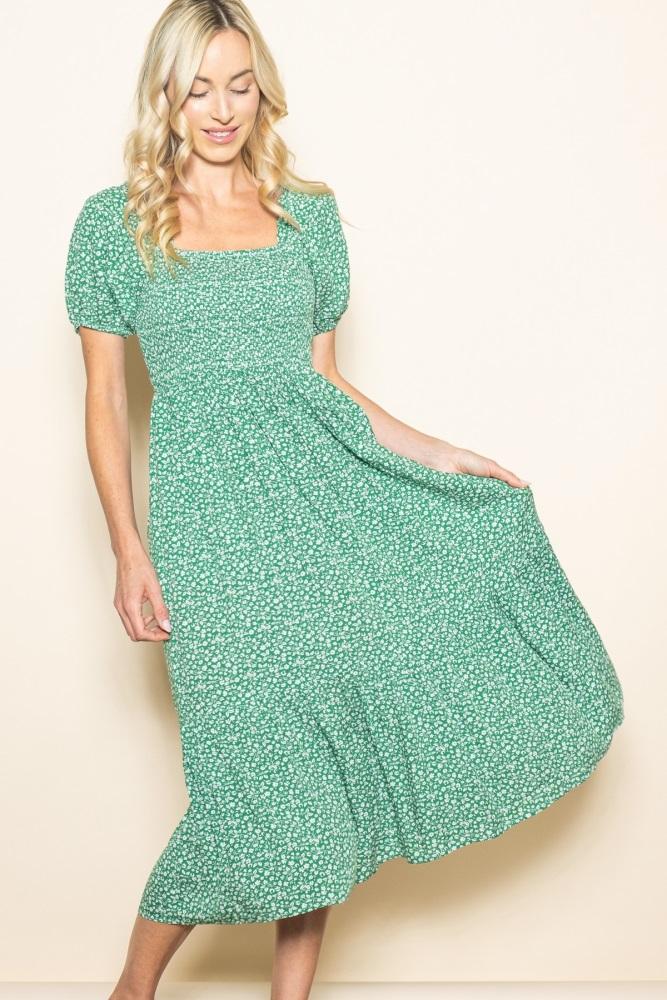 green floral smocked ruffle hem midi dress