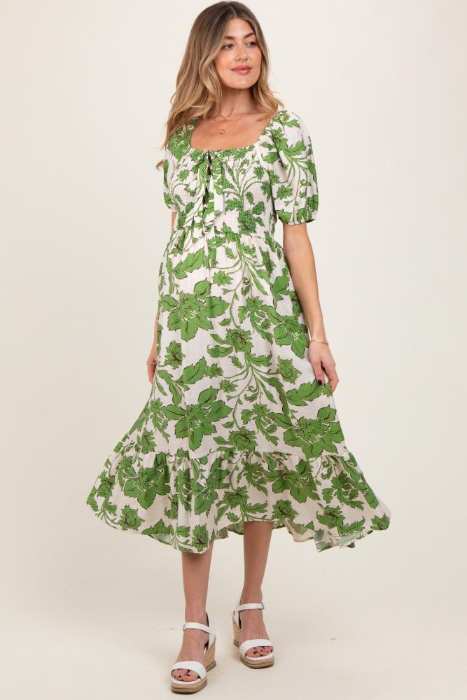 green floral smocked triple front tie maternity midi dress