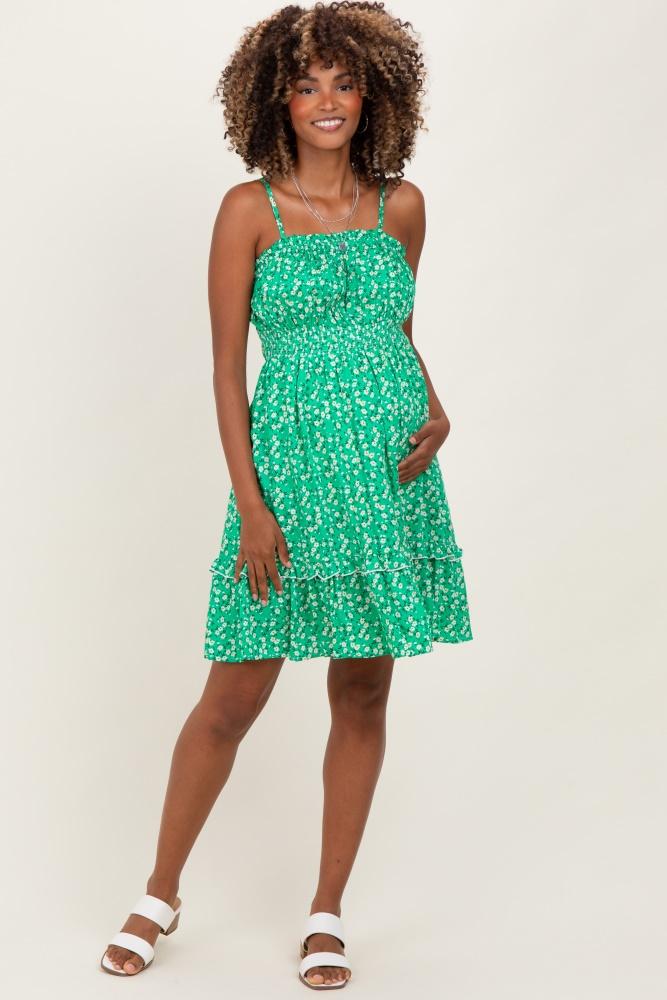 green floral smocked waist ruffle accent maternity dress