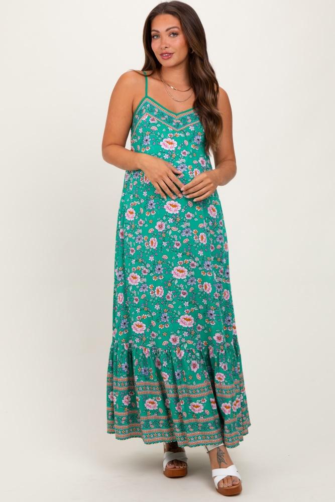 green floral tie back maternity maxi dress