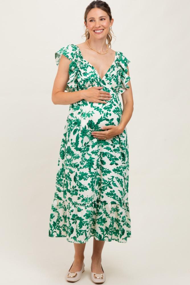 green floral v-neck flutter sleeve maternity midi dress