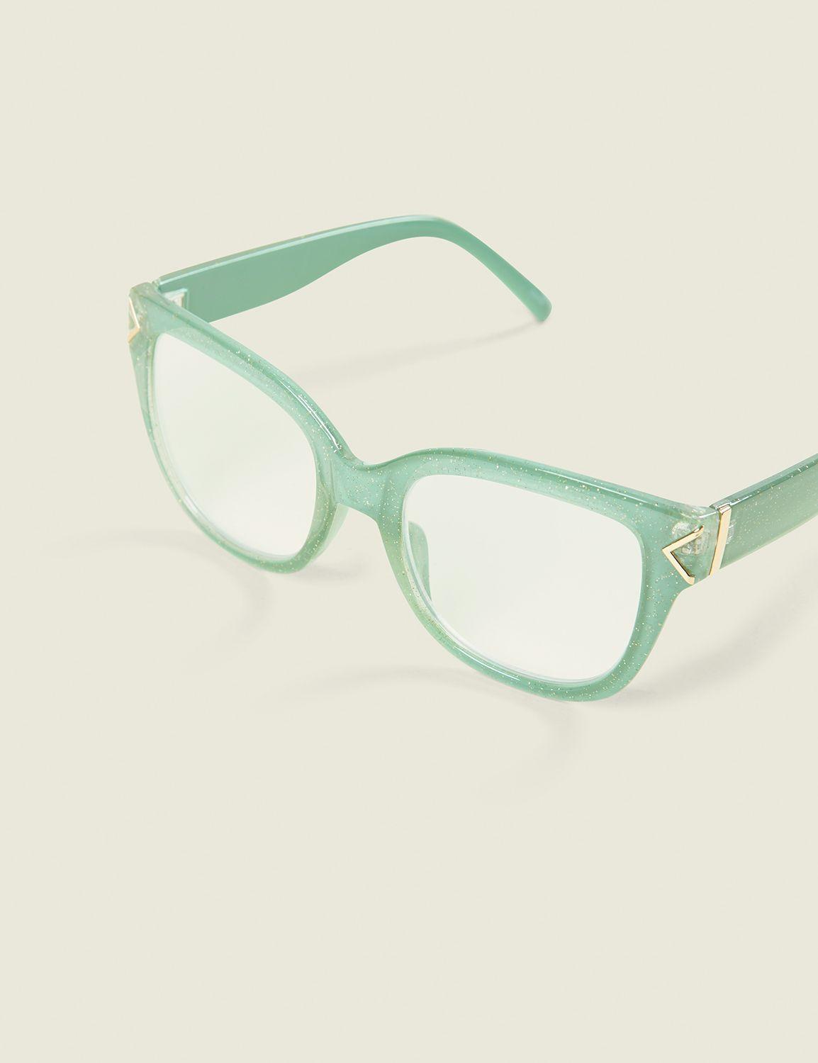 green glitter square reader glasses