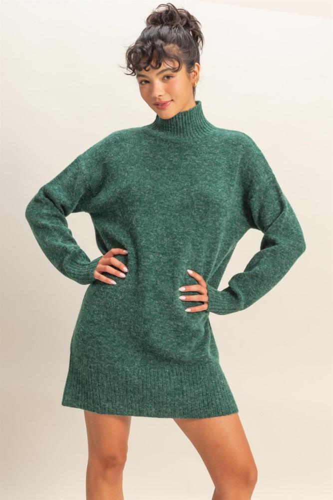 green high neck sweater mini dress