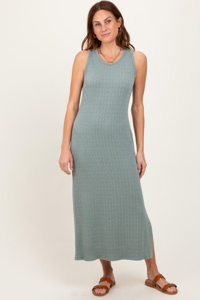 green jacquard sleeveless side slit midi dress
